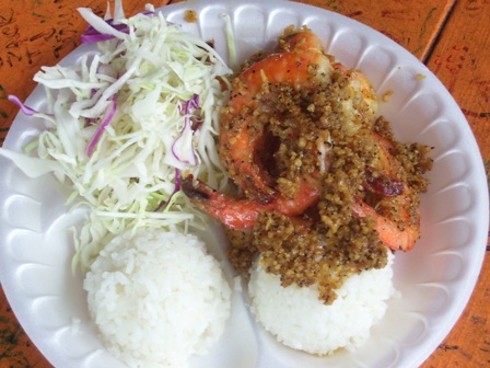 North Shore food trucks plate of garlic shrimp with 2 scoops rice and salad