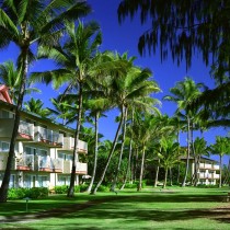 Exterior view of 2 buildings with several palm trees