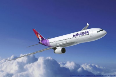 A Hawaiian Airlines jet soars above the clouds