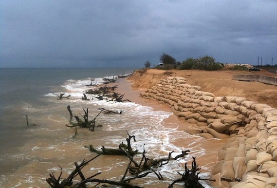 A beach with sandbags to help reduce erosion