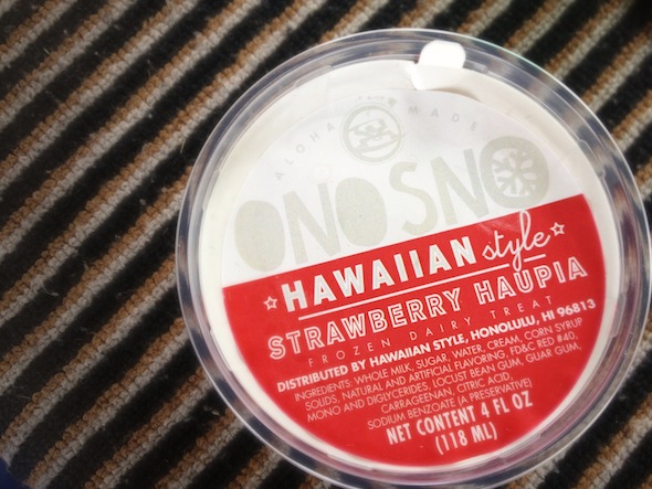 A cup of strawberry haupia shave ice