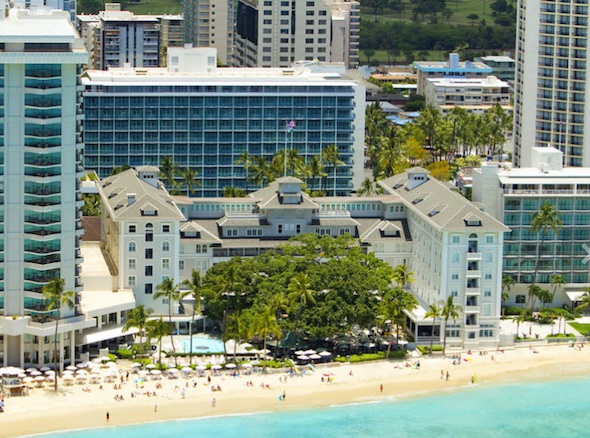 An aerial shot of the Moana Surfrider from the rear