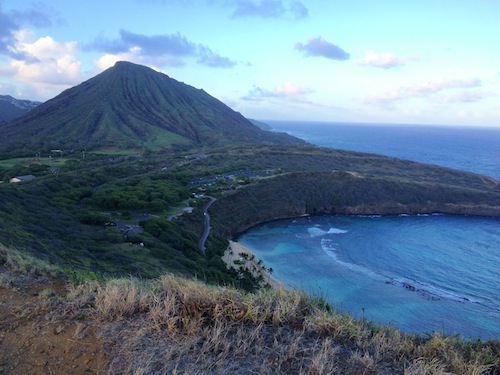 a wide shot of Koko Head from Hanauma Bay