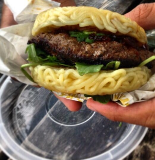 A burger patty between two ramen buns