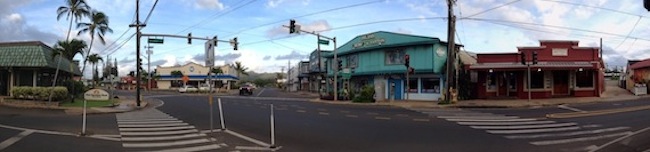 A panorama of an intersection in downtown Kapaa