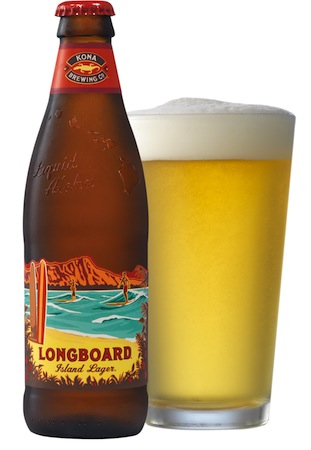 A bottle and glass of Longboard Lager from Kona Brewing Co.