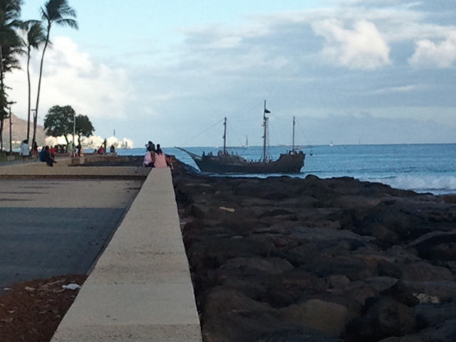 A pirate ship on the coast of Hawaii