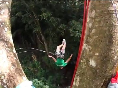 Man jumping off of a tree with a rope swing in Manoa