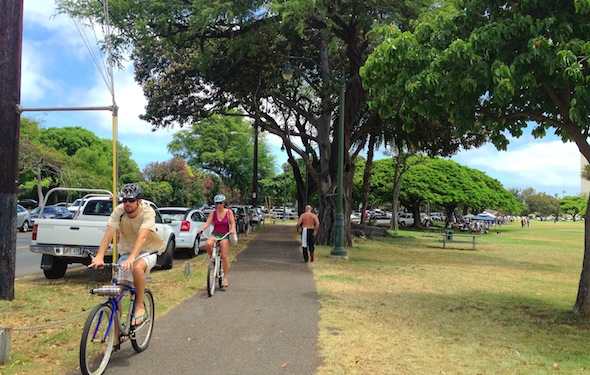 A busy walking path on Oahu