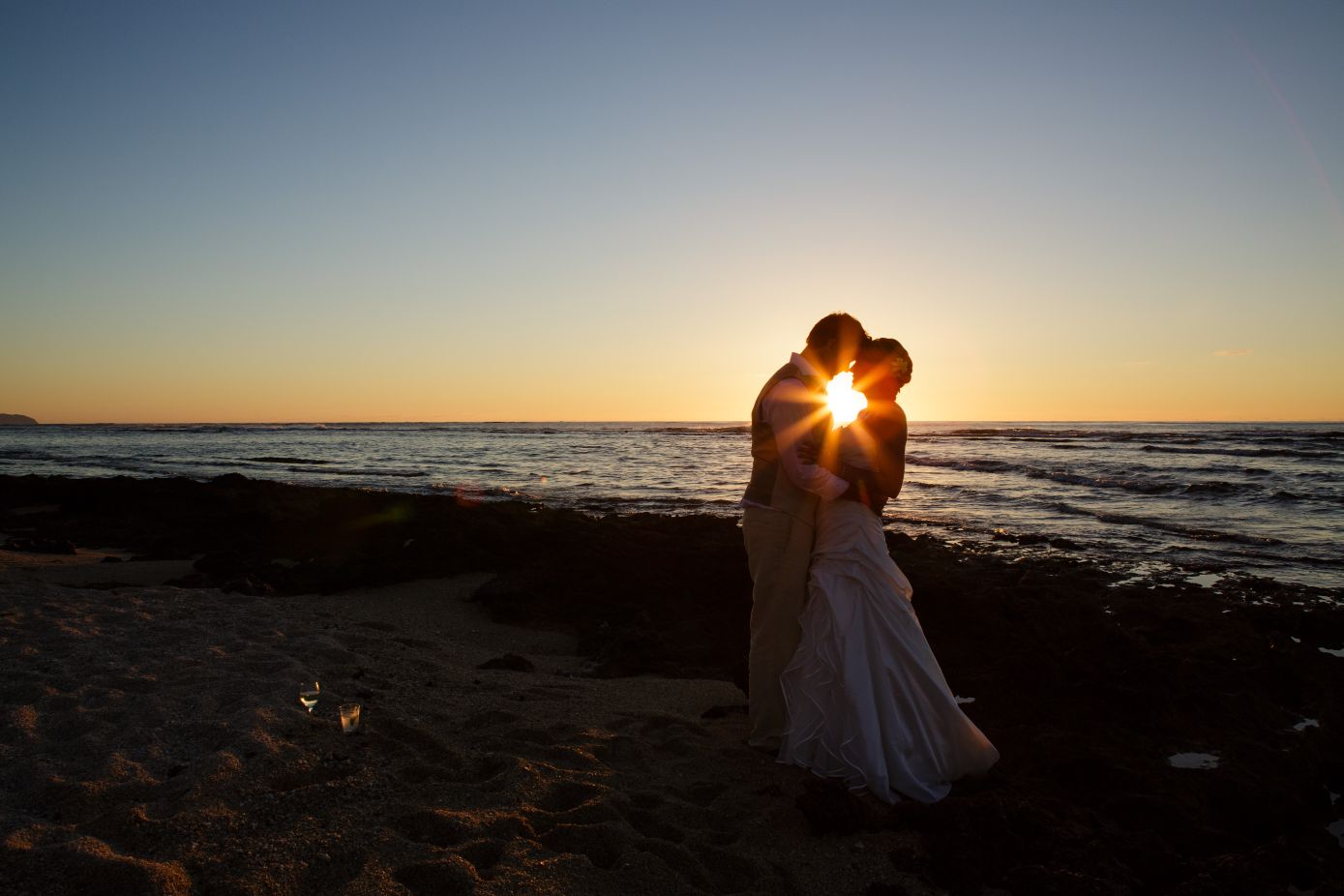 Wedding couple during sunset on the Big island of Hawaii