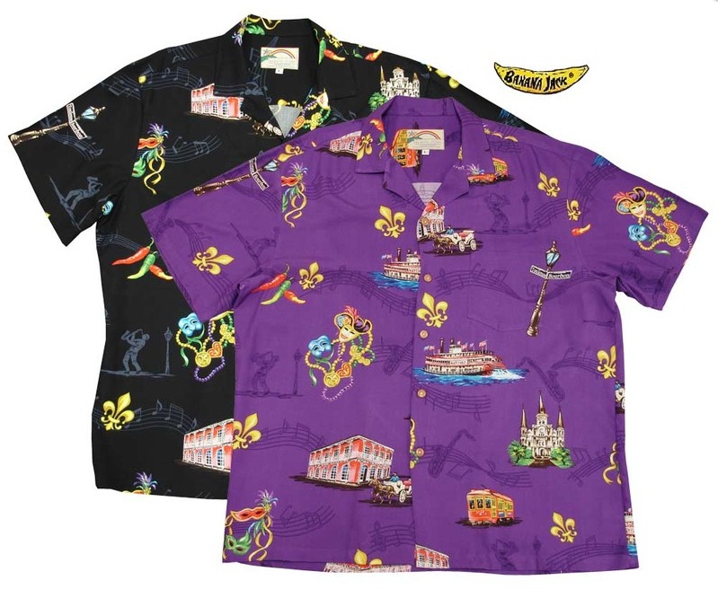A black and purple Mardi Gras aloha shirt for sale