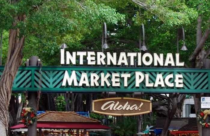 The sign in front of the International Market Place in Waikiki