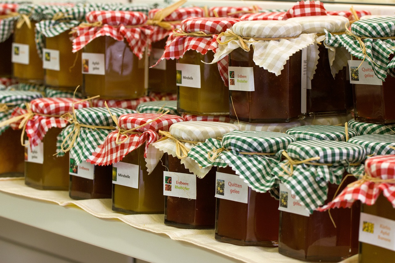 Bottles of Jam on a shelf