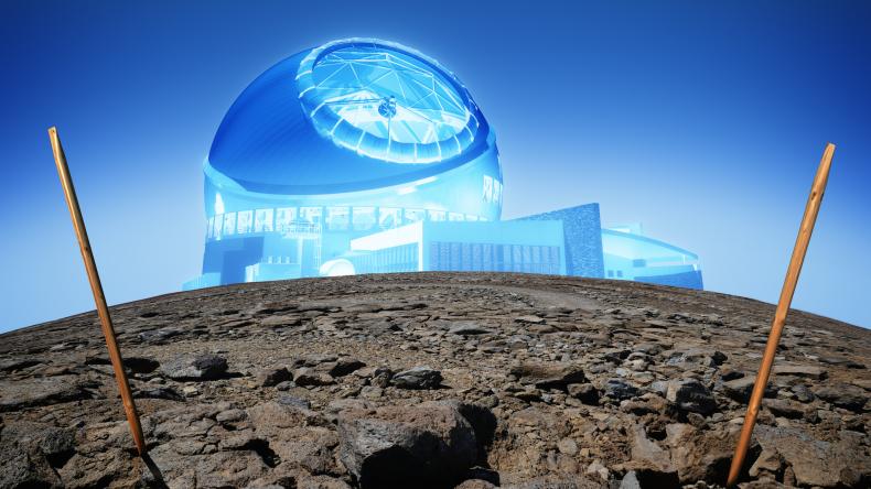 A rendering of what the TMT would look like atop Mauna Kea