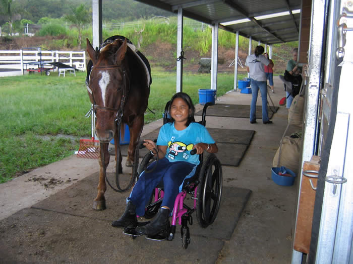 A girl in a wheelchair next to a horse