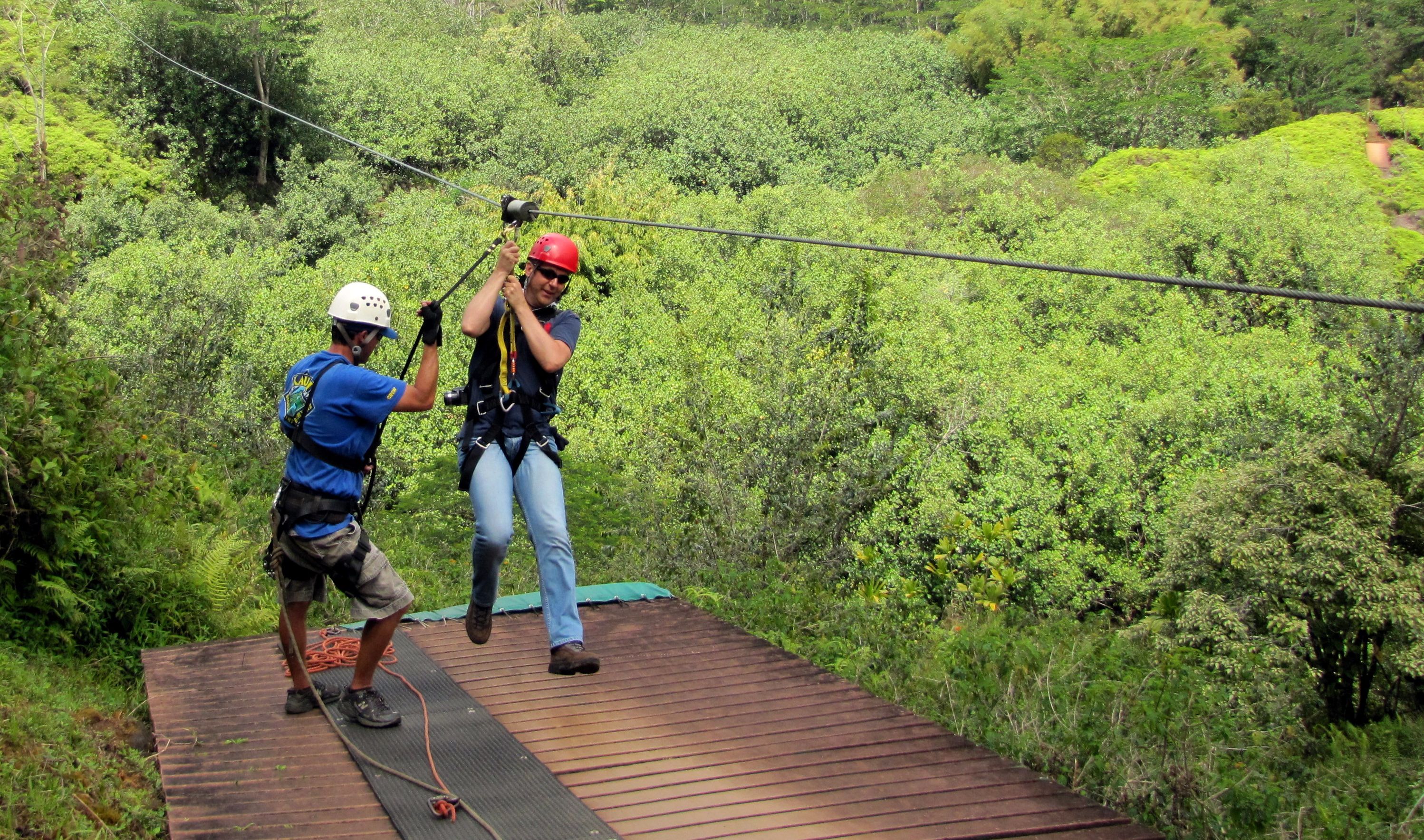 a man ziplining