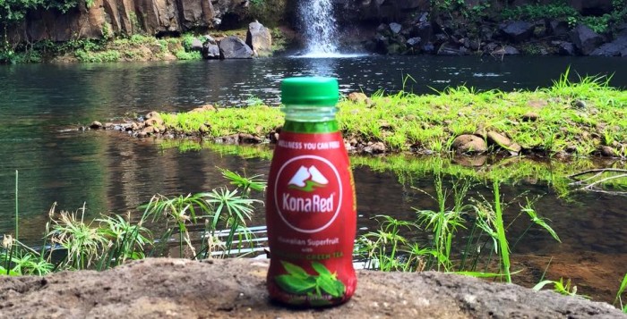 Bottle of KonaRed on a rock in front of a stream