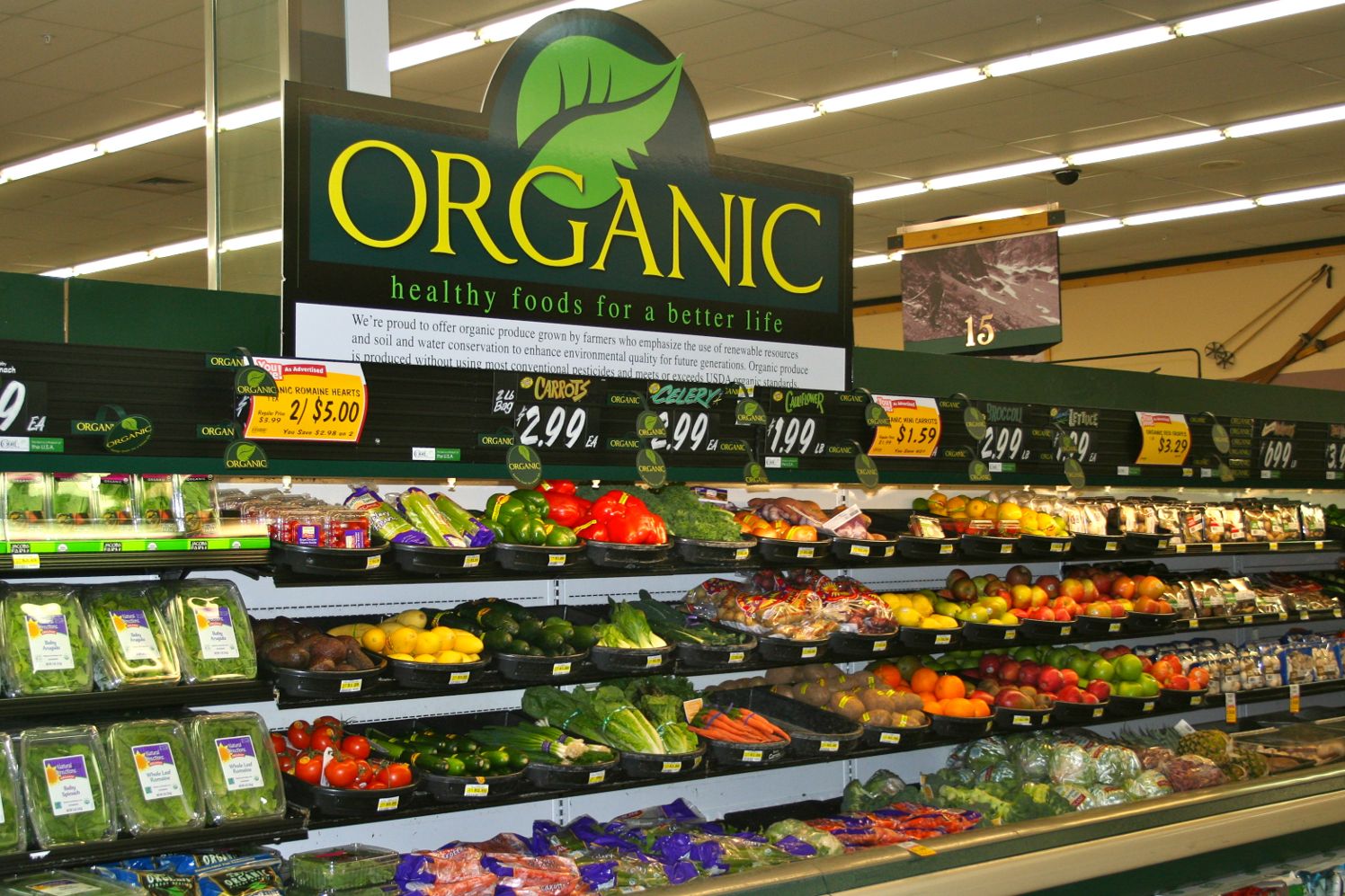 the organic section of a grocery store, featuring different foods