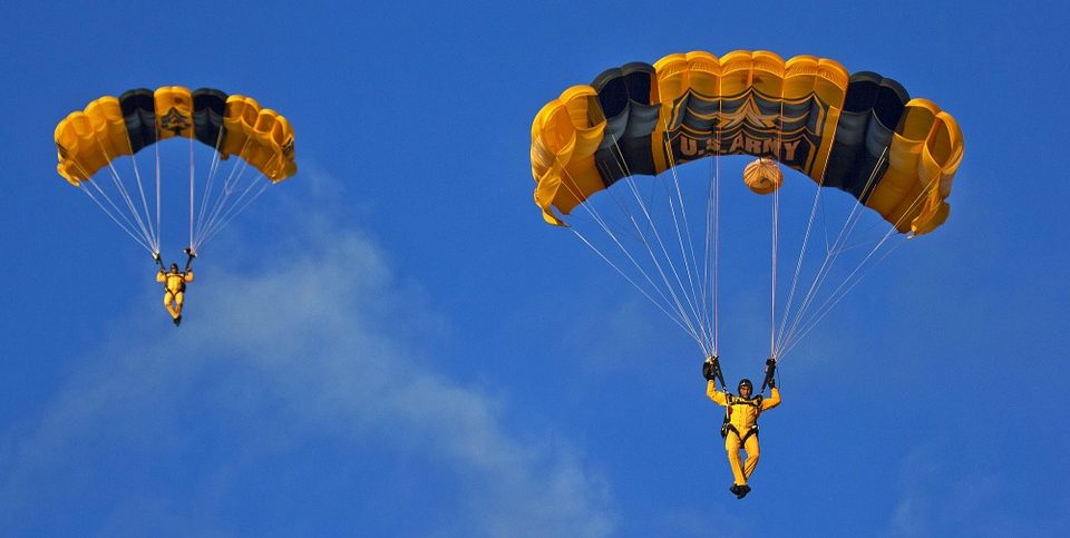 two people skydiving with opened parachutes