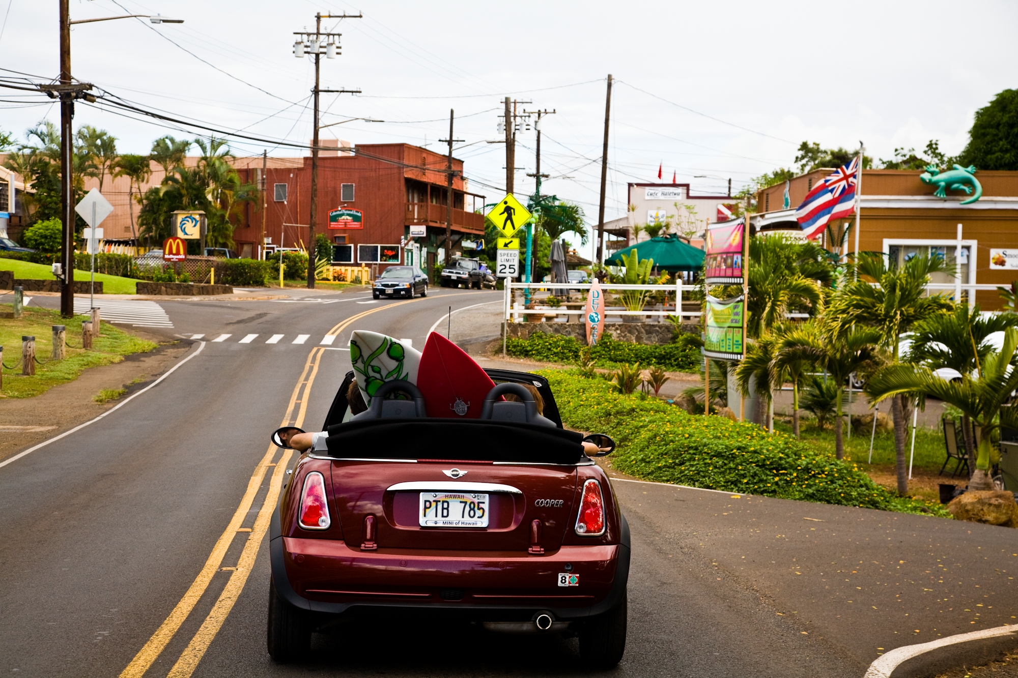 a car driving through haleiwa on oahu