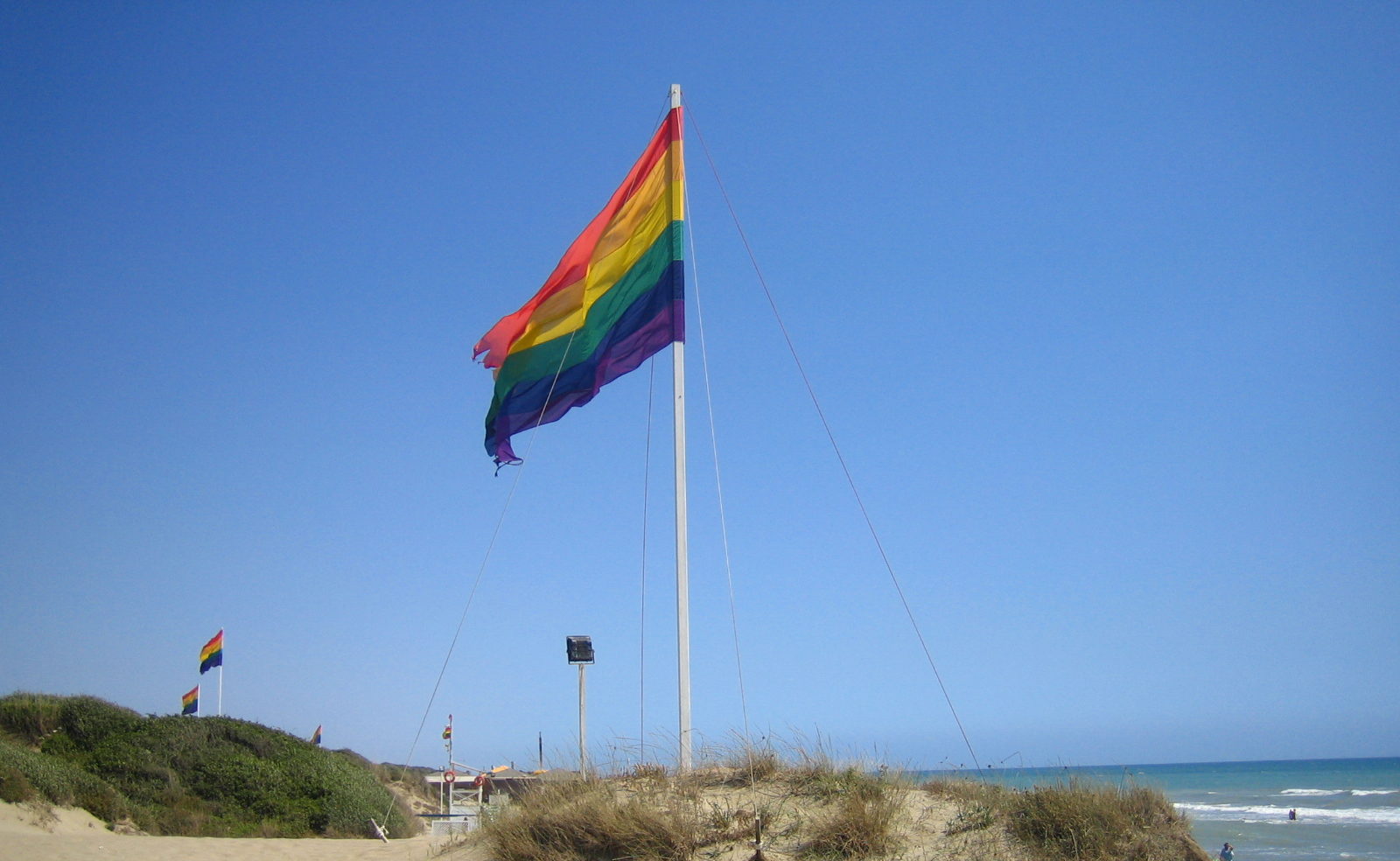 a rainbow flag on a beach