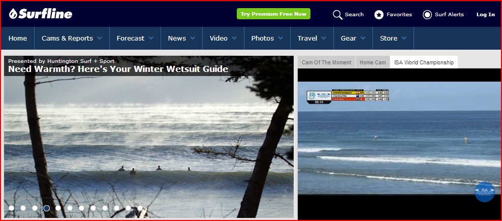 a screenshot of the surfline.com website