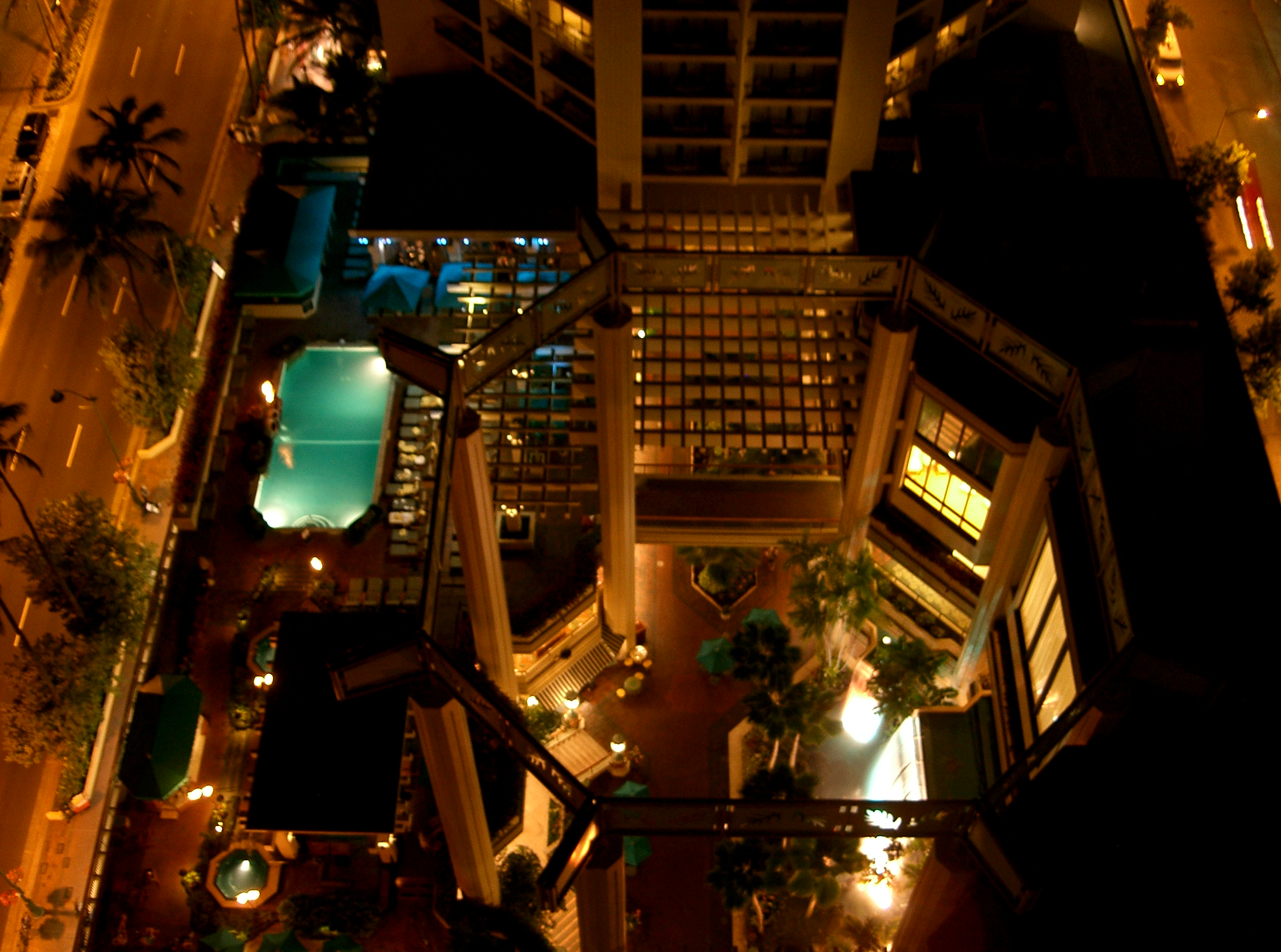 Looking down on Hyatt Regency Waikiki pool from rooftop