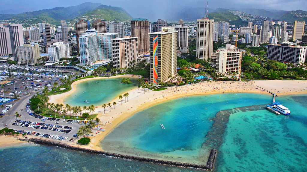 View of Waikiki hotels from air