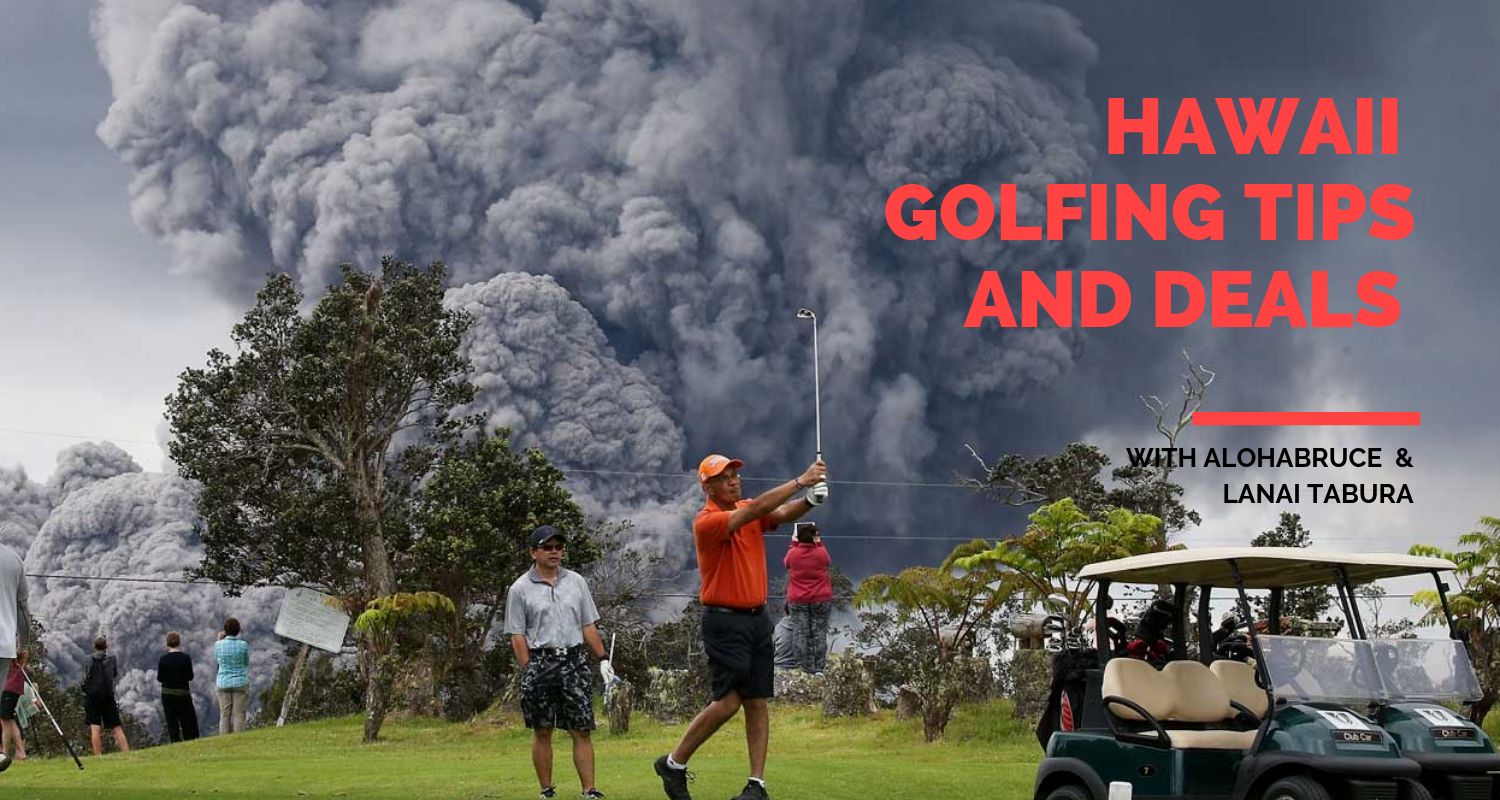 Golfer on Big Island with volcano background