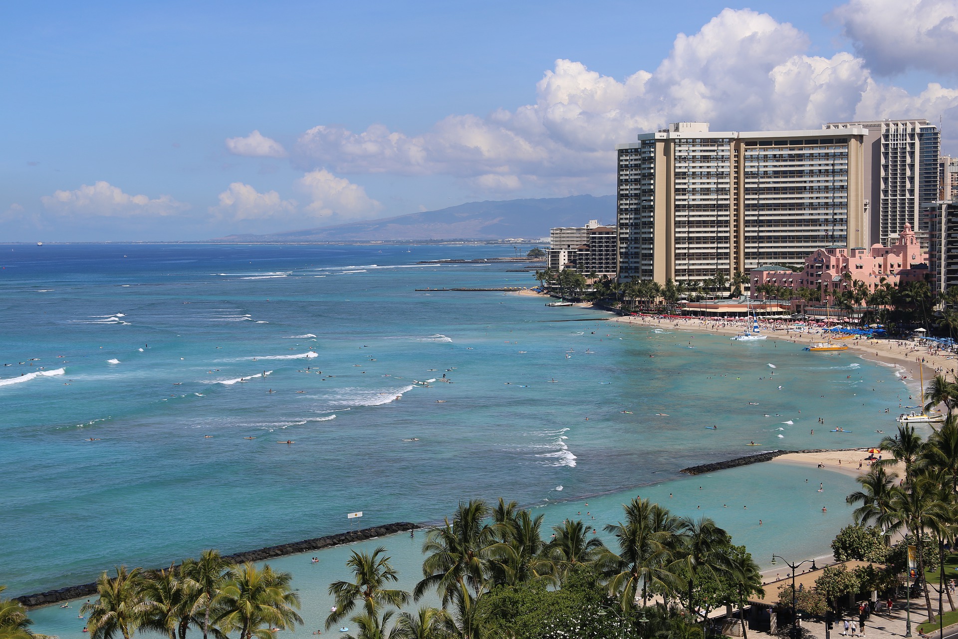 Waikiki skyline view with Bech in forefront 