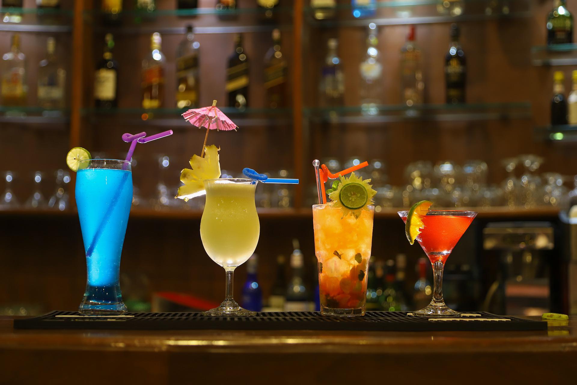 Colorful fancy cocktails lined up at Hawaii sport bar