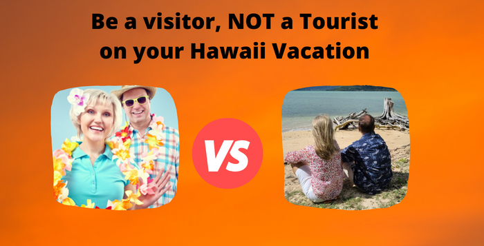 Male and female Hawaii tourists with lei and people sitting on the beach