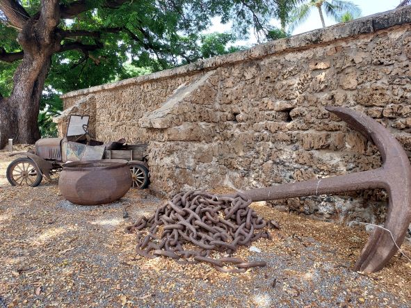 Iron relics outside the walls of Hele Pa'ahao Prison in Lahaina