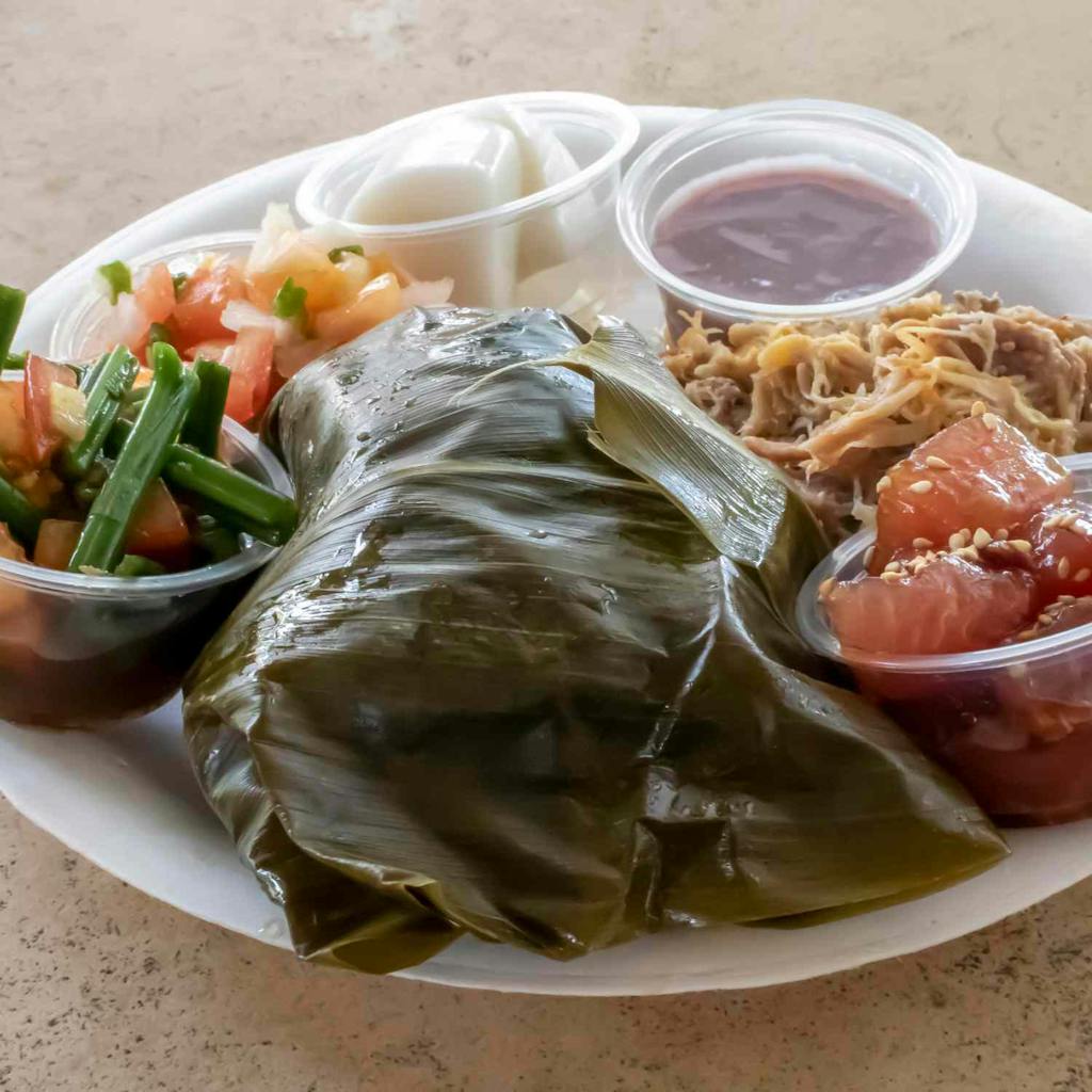 A plate of Hawaiian Food with poi