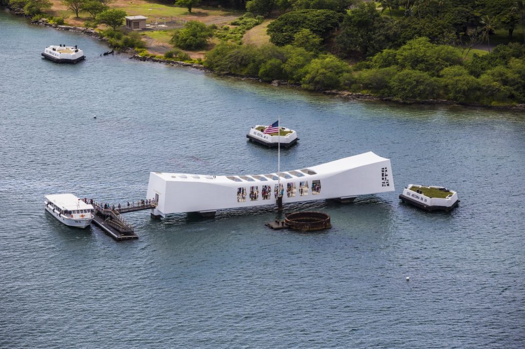an aerial view of the u.s.s. arizona memorial