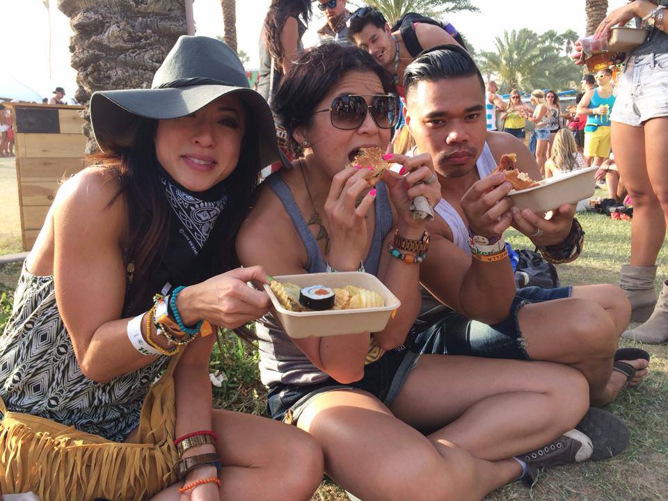 people eating shrimp, katsu and local burgers